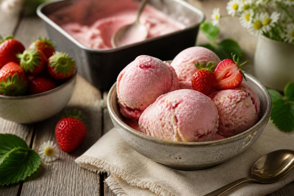 Cremiges Erdbeer-Joghurt-Eis in einer weißen Schale, garniert mit frischen Erdbeeren und Minzblättern, auf einem hellen Holztisch