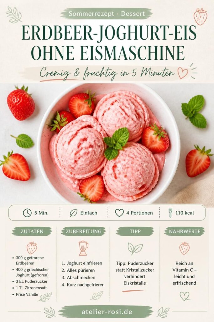 Cremiges Erdbeer-Joghurt-Eis ohne Eismaschine – Pinterest-Rezeptkarte von atelier-rosi.de