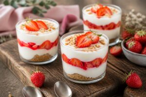 Erdbeer-Käsekuchen im Glas ohne Backen – cremige Käsekuchen-Creme mit Keksboden und frischem Erdbeer-Topping in einem Weckglas