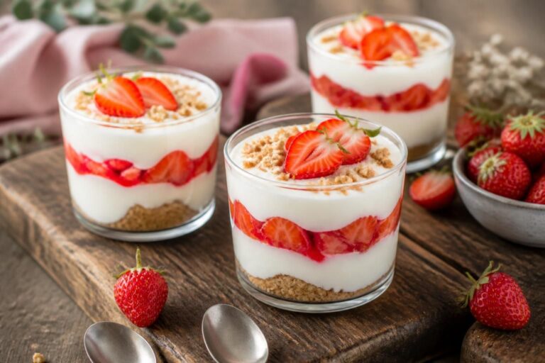 Erdbeer-Käsekuchen im Glas ohne Backen – cremige Käsekuchen-Creme mit Keksboden und frischem Erdbeer-Topping in einem Weckglas