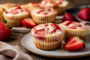 Erdbeer-Käsekuchen-Muffins mit Butterkeks-Boden und frischen Erdbeeren auf einem Holzbrett, von oben fotografiert