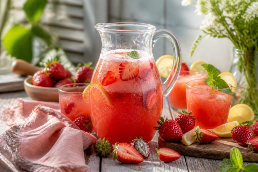 Erdbeer-Limonade ohne Zucker im Glas mit Eiswürfeln und frischen Erdbeeren, serviert auf einem Holztisch im Sommer