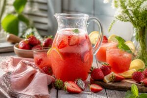 Erdbeer-Limonade ohne Zucker im Glas mit Eiswürfeln und frischen Erdbeeren, serviert auf einem Holztisch im Sommer