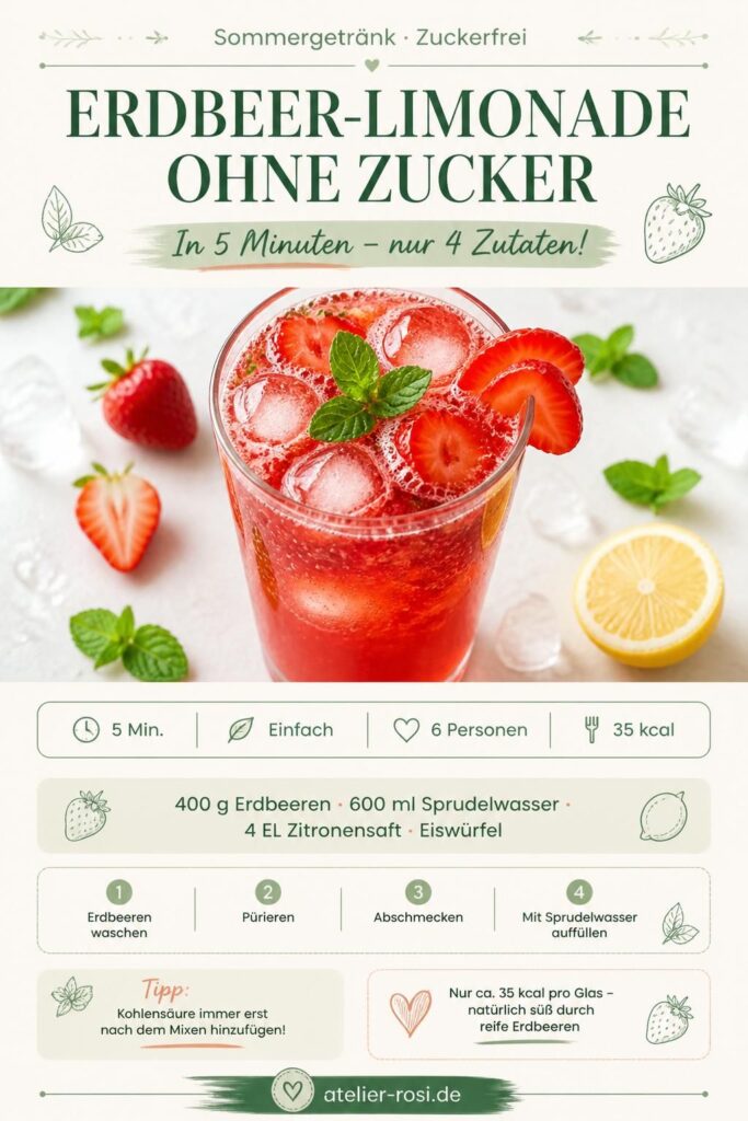 Erdbeer-Limonade ohne Zucker im Glas mit Eiswürfeln und frischen Erdbeeren – Pinterest-Rezeptkarte