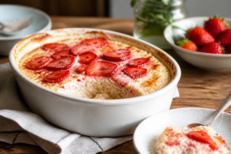 Erdbeer-Milchreis-Auflauf ohne Gelatine in einer Auflaufform, mit frischen Erdbeeren und goldbrauner Oberfläche