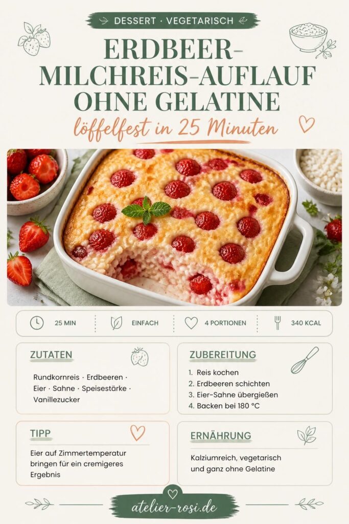 Erdbeer-Milchreis-Auflauf ohne Gelatine – löffelfest in 25 Minuten, Pinterest-Pin