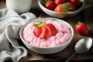 Kalter Erdbeer-Milchreis in einer weißen Schüssel, mit frischen Erdbeerstücken und einem Hauch Vanille, löffelfest ohne Gelatine