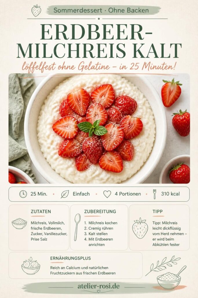 Kalter Erdbeer-Milchreis löffelfest ohne Gelatine – Pinterest-Rezeptkarte