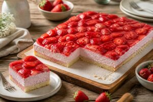 Erdbeer-Quark-Torte vom Blech ohne Gelatine, angeschnitten mit sauberem Schnitt, frische Erdbeeren obenauf, 12 Portionen auf weißem Hintergrund