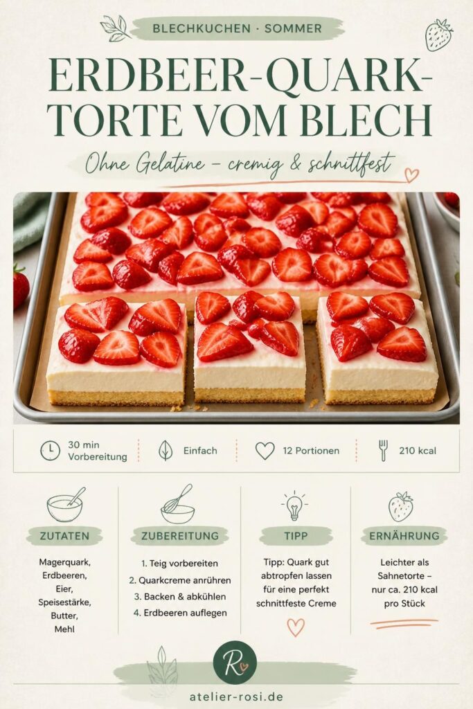 Erdbeer-Quark-Torte vom Blech ohne Gelatine, 12 Portionen, sauber angeschnitten