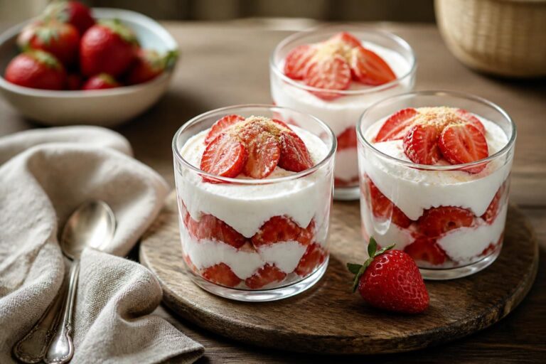 Erdbeer-Sahne-Dessert im Glas ohne Gelatine – cremige Mascarpone-Quark-Schicht mit frischen Erdbeeren und Butterkeksboden, serviert in einem klaren Glas
