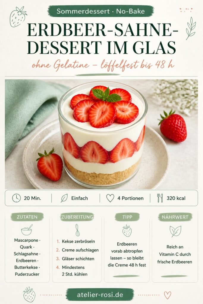 Erdbeer-Sahne-Dessert im Glas ohne Gelatine – Pinterest-Bild mit Rezeptübersicht