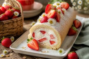 Erdbeer-Sahne-Rolle ohne Gelatine, aufgeschnitten auf einem Holzbrett mit frischen Erdbeeren und Puderzucker