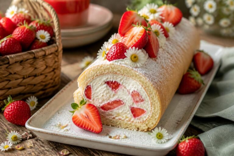 Erdbeer-Sahne-Rolle ohne Gelatine, aufgeschnitten auf einem Holzbrett mit frischen Erdbeeren und Puderzucker
