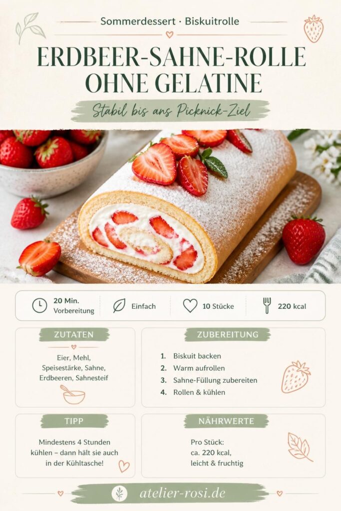 Erdbeer-Sahne-Rolle ohne Gelatine – Pinterest-Bild mit Rezept und Zutaten