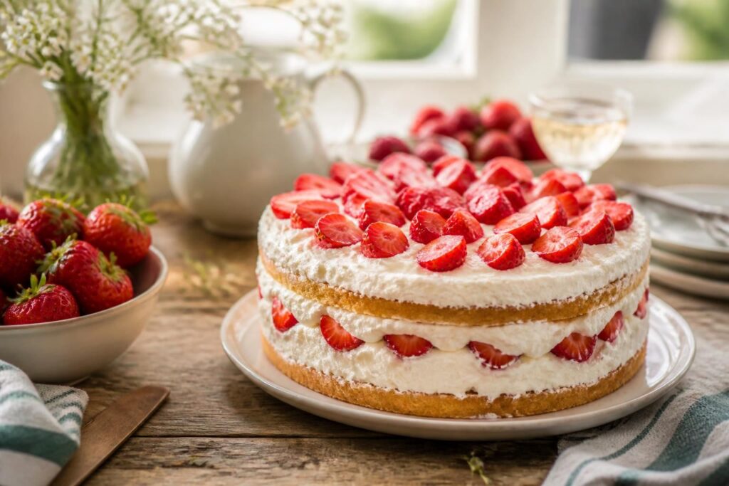 Hitzestabile Erdbeer-Sahne-Torte mit Mascarpone-Creme und frischen Erdbeeren auf einem weißen Kuchenteller, von oben fotografiert