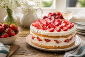 Hitzestabile Erdbeer-Sahne-Torte mit Mascarpone-Creme und frischen Erdbeeren auf einem weißen Kuchenteller, von oben fotografiert