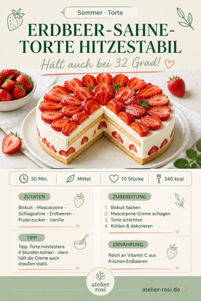 Hitzestabile Erdbeer-Sahne-Torte mit Mascarpone – Pinterest-Bild