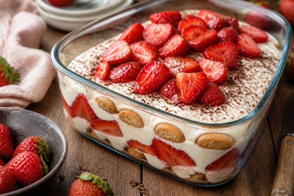 Erdbeer-Tiramisu im Glas mit frischen Erdbeeren, cremiger Quark-Sahne-Schicht und Löffelbiskuits, dekoriert mit Erdbeerscheiben und Puderzucker
