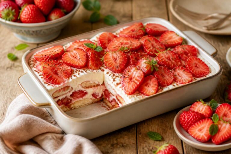 Erdbeer-Tiramisu ohne Ei in einer Glasauflaufform: cremige Mascarpone-Quark-Schicht mit frischen Erdbeerscheiben und Löffelbiskuits, garniert mit Puderzucker