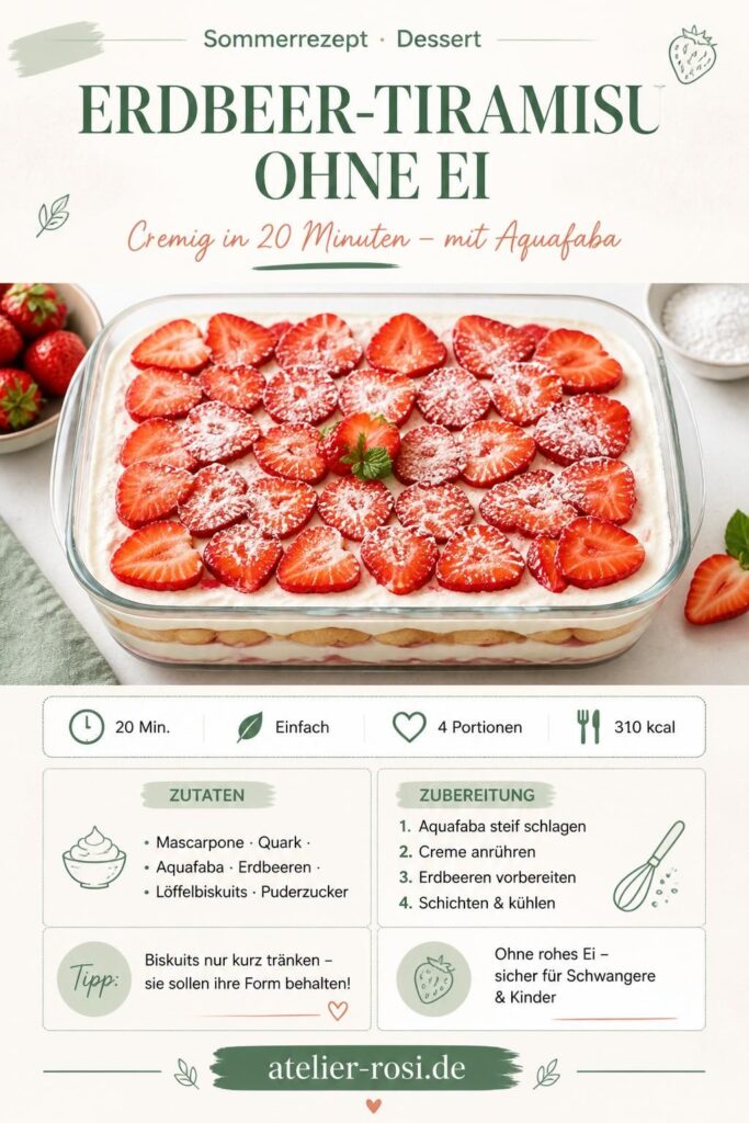 Erdbeer-Tiramisu ohne Ei mit Aquafaba in einer Glasform, cremige Schichten mit frischen Erdbeeren