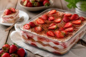 Erdbeer-Tiramisu in einer Auflaufform mit frischen Erdbeeren, cremiger Mascarpone-Schicht und Löffelbiskuits, von oben fotografiert
