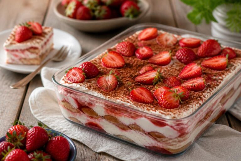 Erdbeer-Tiramisu in einer Auflaufform mit frischen Erdbeeren, cremiger Mascarpone-Schicht und Löffelbiskuits, von oben fotografiert