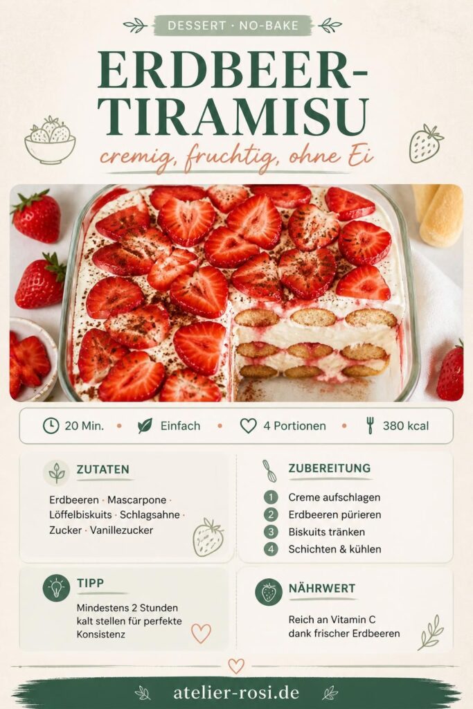 Erdbeer-Tiramisu mit frischen Erdbeeren und Mascarpone-Creme auf einem Holztisch – Pinterest-Rezeptkarte