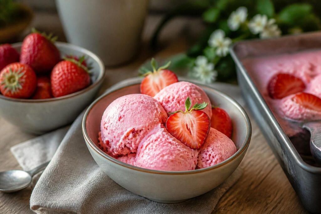 Cremiges Erdbeereis ohne Eismaschine in einer Metallform, garniert mit frischen Erdbeeren und Minzblättern, auf einem hellen Holztisch