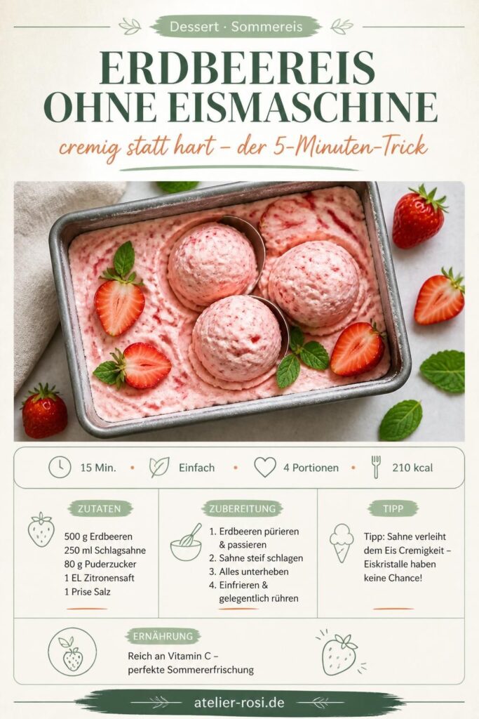 Cremiges Erdbeereis ohne Eismaschine in einer Kastenform mit frischen Erdbeeren – Pinterest-Pin für atelier-rosi.de