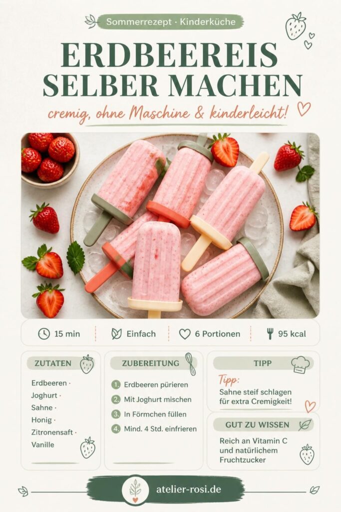 Selbstgemachtes Erdbeereis am Stiel in Eisförmchen mit frischen Erdbeeren – Pin-Bild für Pinterest