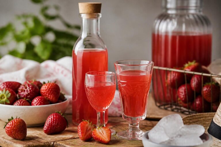 Selbstgemachter Erdbeerlimes im Cocktailglas mit Crushed Ice, frischen Erdbeeren und einer Limettenscheibe als Garnitur