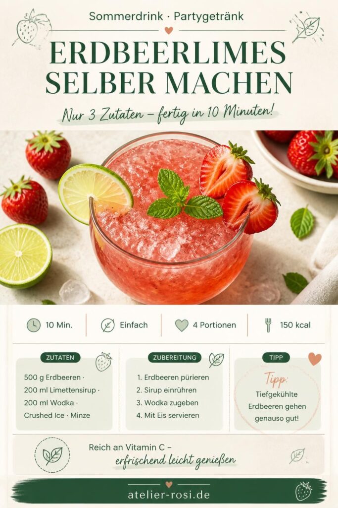 Erdbeerlimes selber machen – Pinterest-Rezeptkarte mit Zutaten und Schritten