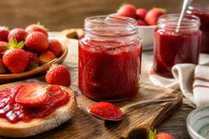 Ein Einmachglas mit leuchtend roter Erdbeermarmelade, daneben frische und leicht überreife Erdbeeren auf einem Holzbrett