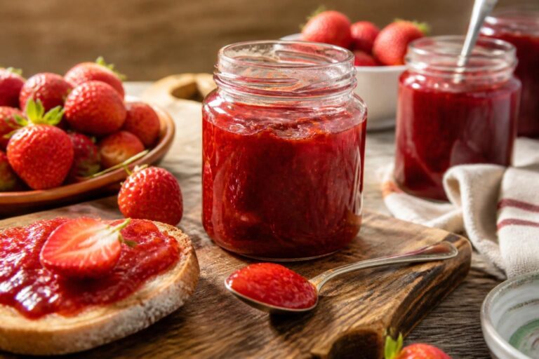 Ein Einmachglas mit leuchtend roter Erdbeermarmelade, daneben frische und leicht überreife Erdbeeren auf einem Holzbrett