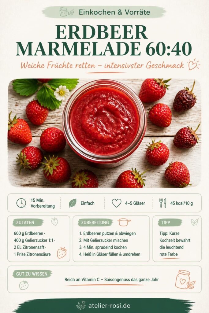 Pinterest-Bild: Leuchtend rotes Erdbeermarmelade-Glas mit dem 60-zu-40-Rezept von atelier-rosi.de