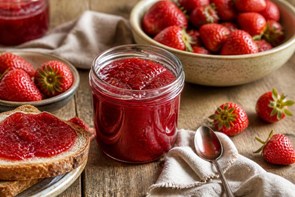 Selbst gemachte Erdbeermarmelade in einem Einmachglas mit überreifen Erdbeeren daneben, auf einem Holztisch mit Sommerlicht