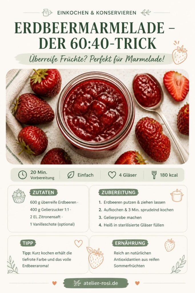 Erdbeermarmelade mit dem 60-zu-40-Trick – Pinterest-Pin von atelier-rosi.de