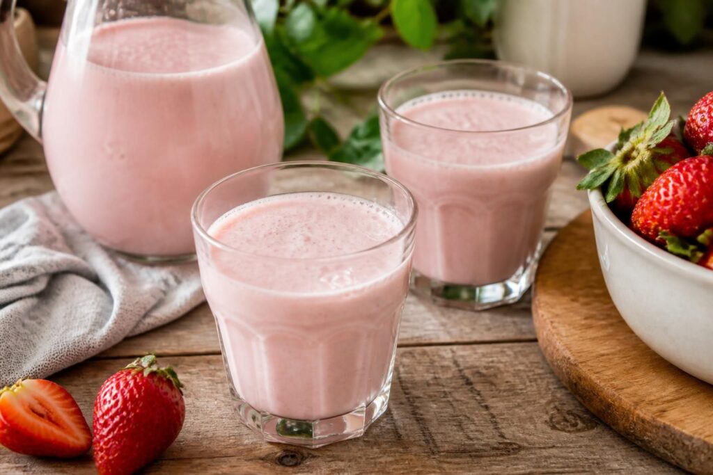Ein hohes Glas cremige Erdbeermilch nach Omas Art, garniert mit einer frischen Erdbeere am Glasrand, auf einem Holztisch mit sommerlichem Hintergrund