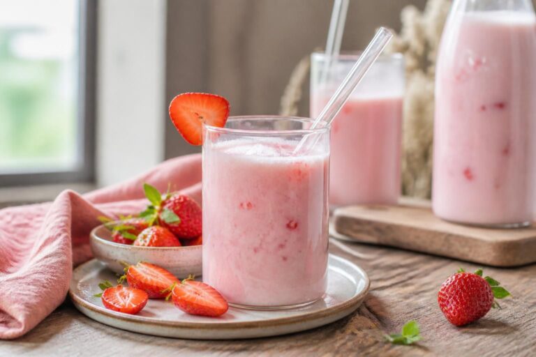Ein Glas selbstgemachter Erdbeermilch mit frischen Erdbeeren, blassrosa und cremig, auf einem hellen Holztisch mit Sommeratmosphäre