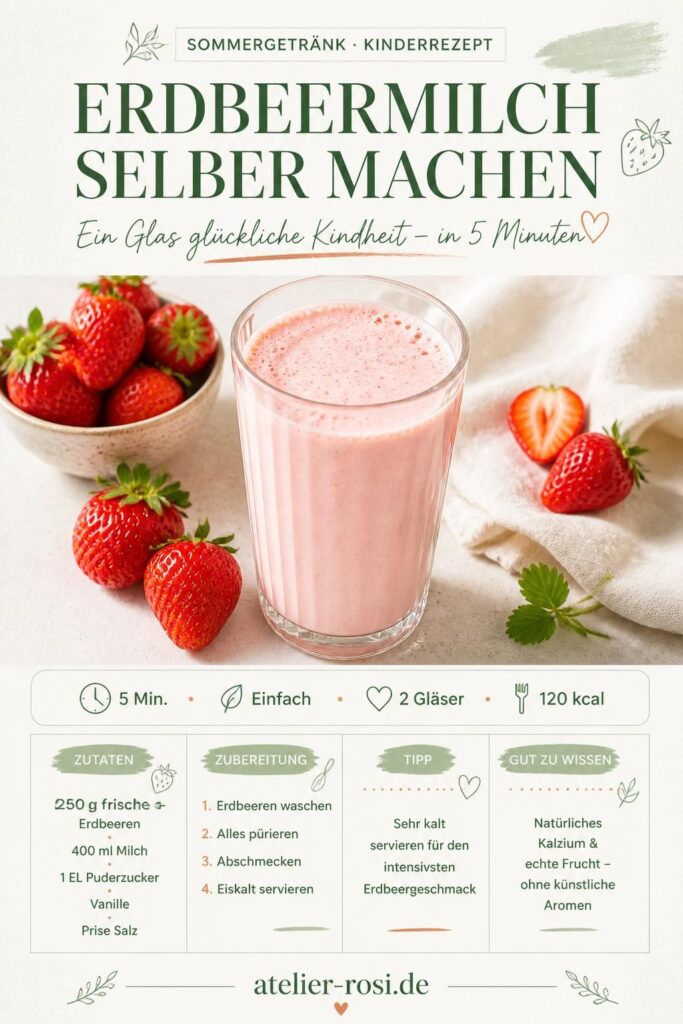 Erdbeermilch selber machen – cremig, blassrosa, mit frischen Erdbeeren, Pin-Bild für Pinterest