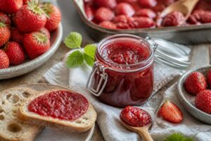 Selbstgemachtes Erdbeermus aus dem Ofen in kleinen Einmachgläsern, leuchtend rot, auf einem Holzbrett mit frischen Erdbeeren und einer Vanilleschote