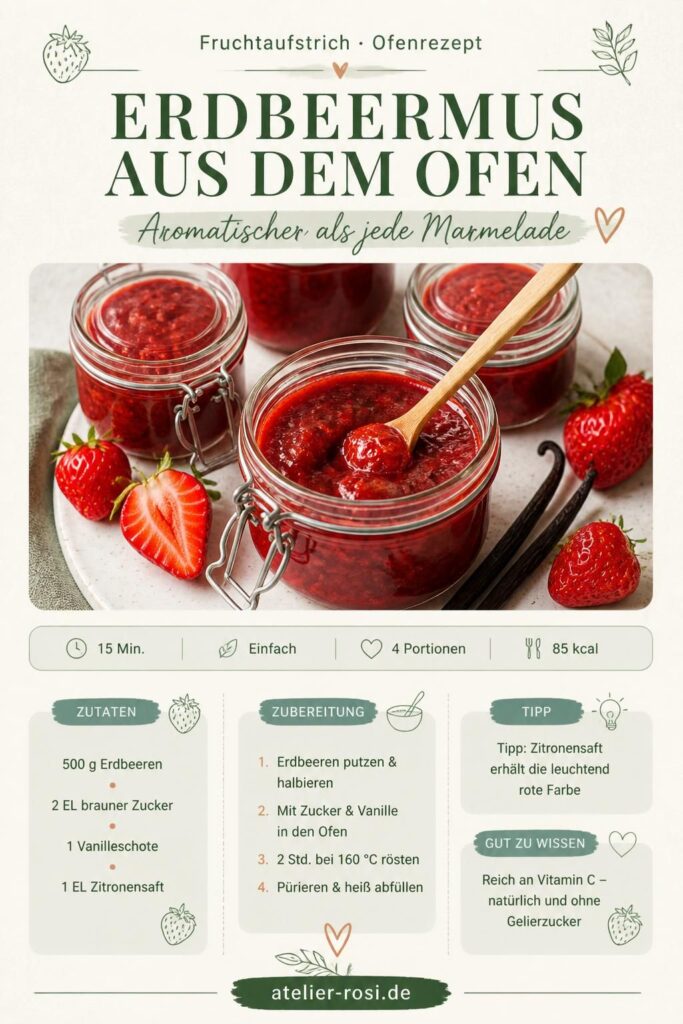 Erdbeermus aus dem Ofen in Einmachgläsern, leuchtend rot, mit Vanilleschote auf Holzbrett