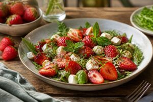 Erdbeersalat mit Honig-Balsamico-Dressing, zerbröseltem Feta und frischer Minze in einer weißen Schüssel, von oben fotografiert