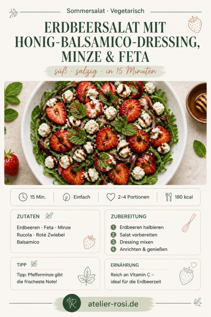 Erdbeersalat mit Honig-Balsamico-Dressing, Feta und Minze – Pinterest-Rezeptkarte