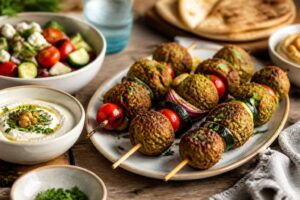 Falafel-Spieße vom Grill auf einem Holzbrett, mit buntem Grillgemüse und Joghurt-Dip, frische Petersilie darüber gestreut