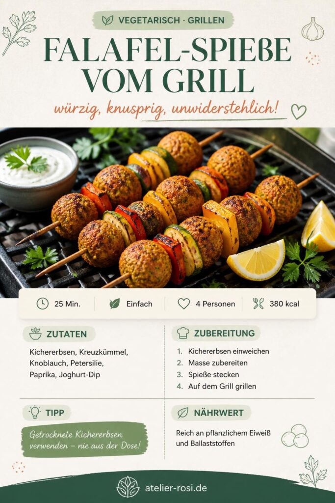 Falafel-Spieße vom Grill mit Grillgemüse und Joghurt-Dip auf einem Holzbrett