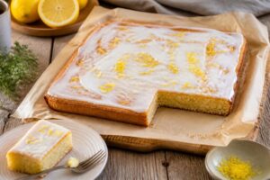 Französischer Zitronenkuchen vom Blech mit Zitronenglasur, in Stücke geschnitten auf einem Holzbrett mit frischen Zitronen daneben
