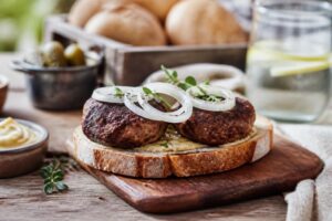 Saftige Frikadellen nach Hensslers Rezept, kalt auf geröstetem Graubrot mit Senf und Remoulade, auf einer Picknick-Decke im Sommer 2026