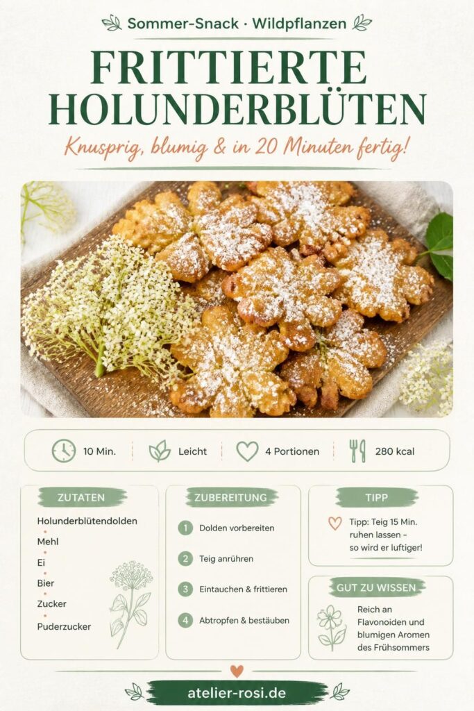 Frittierte Holunderblüten mit Puderzucker auf einem Holzbrett – Pinterest-Rezeptkarte